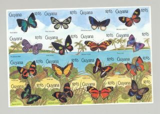 Guyana 2340 Butterflies 1v M/s Of 16 Imperf Proof,  Unissued Denomination