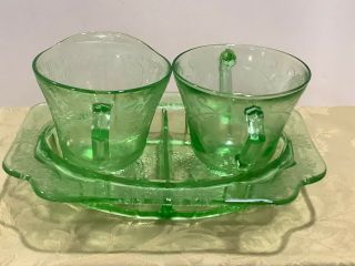 Vintage Florentine Green Depression Glass Sugar And Creamer With Tray