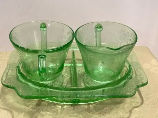 Vintage Florentine Green Depression Glass Sugar and Creamer with Tray 2