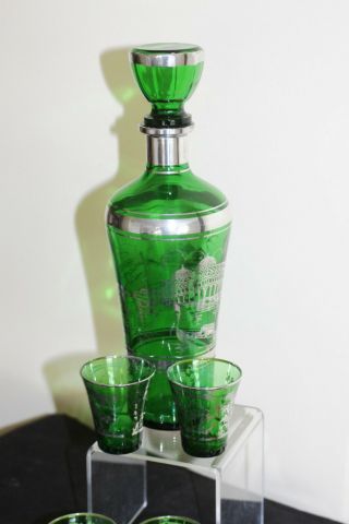 Italian Green Glass Silver Overlay Decanter With 6 Glasses