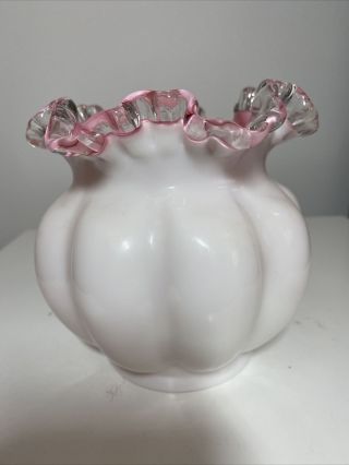 Vintage Fenton Pink Melon/white Rose Crest Ruffled Top Art Glass Vase