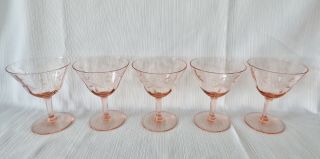 Set Of 5 Vintage Pink Depression Glass Etched Panel Wine Champagne 4.  5 " Goblets