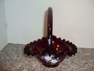 Vintage Fenton Ruby Red Ruffled Basket Silver Hand Painted Flowers Sig Id:57215