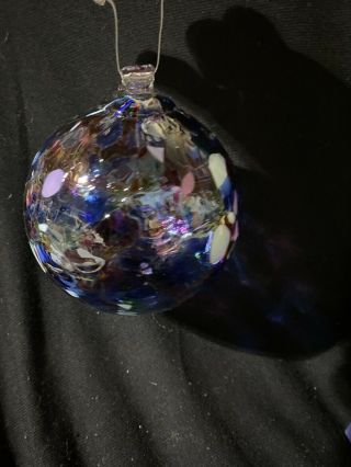 Kitras Art Glass Orb Calico Blues Purple Ornament Ball Multi Color 4 "