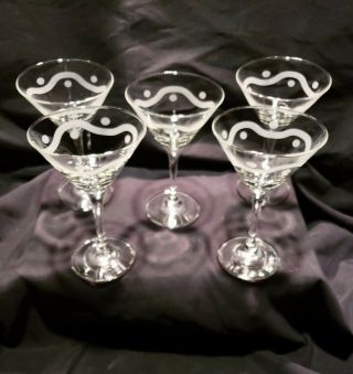 5 Vintage Libbey Dots&wavy Line Martini Wine Cocktail Bar Stemed Glasses