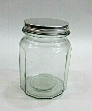 Vintage 1950 ' s 4x6 Clear Green Glass Old 12 Sided Canister Jar w Tin Lid SH 2