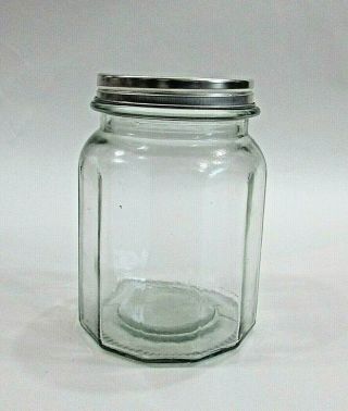 Vintage 1950 ' s 4x6 Clear Green Glass Old 12 Sided Canister Jar w Tin Lid SH 3