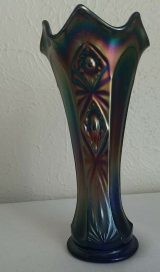 7” Fenton Paneled Diamond And Bows Cobalt Blue Carnival Glass Vase