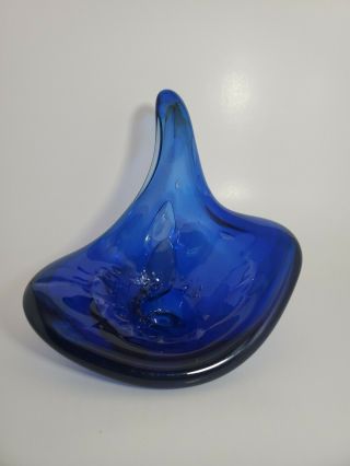 Vintage Art Glass Cobalt Blue Candy Dish Ashtray Teardrop Raindrop Shape Signed