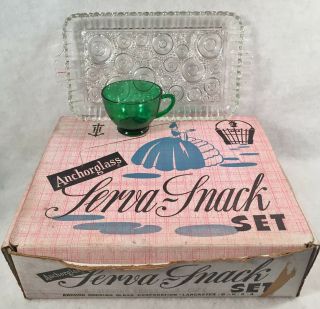 Anchor Glass Serva Snack Set 4 Clear Trays W/4 Green Cups No Box
