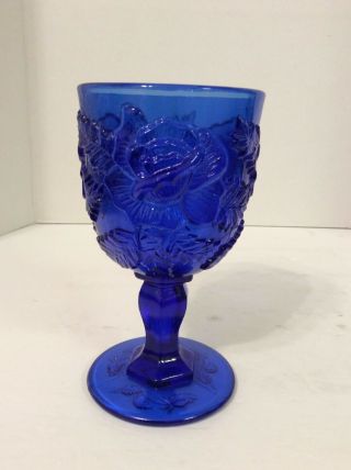 Fenton L.  G.  Wright Madonna Inn Wild Rose 6.  5 " Cobalt Blue Goblet Glass