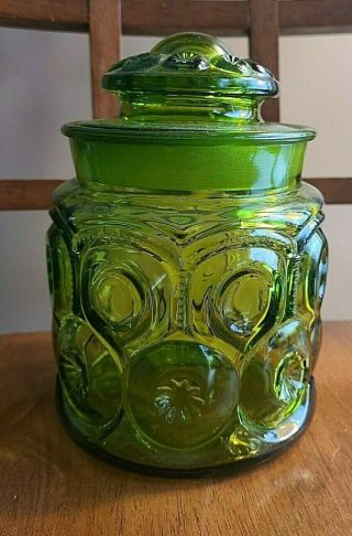 Le Smith Canister & Lid Pressed Green Glass Moon & Stars 7 " Tall Vintage
