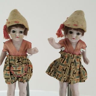 Rare Antique 1920 ' s German Jointed Bisque Twins Dollhouse Dolls Glass Eyes/Hair 2