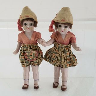 Rare Antique 1920 ' s German Jointed Bisque Twins Dollhouse Dolls Glass Eyes/Hair 3