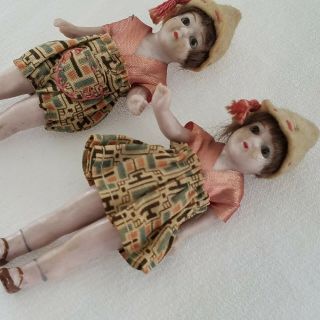Rare Antique 1920 ' s German Jointed Bisque Twins Dollhouse Dolls Glass Eyes/Hair 6