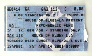The Psychedelic Furs 2001 North American Tour Ticket Stub House Of Blues L.  A.