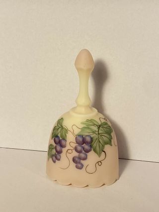 Fenton Pink Opalescent Glass Bell Hand Painted Grapes Signed J.  Cutshaw
