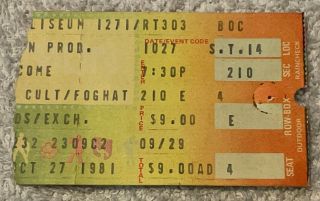 1981 Blue Oyster Cult / Foghat Oct.  27 Richfield Coliseum Concert Ticket Stub