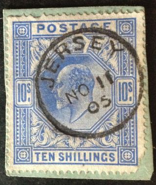 Gb.  1905 10 Shillings Blue Stamp On Piece With Jersey Cancel