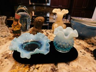 2 Vintage Fenton Art Glass Blue Opalescent Hobnail Bonbon & Vase