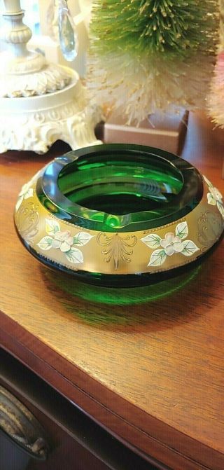 Green Art Glass Hand Made Czech Bohemian Crystal Bowl Ashtray Gold Applied Roses
