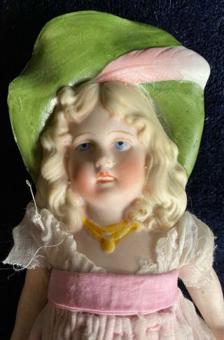 Antique German All Bisque Doll Molded Hat Jointed Dressed 7” Antique Doll