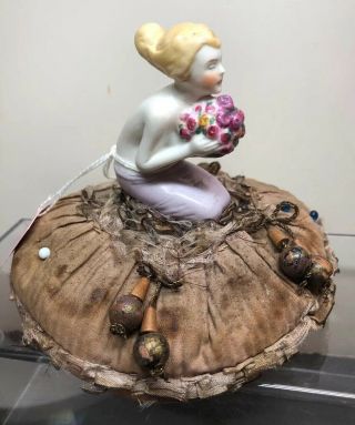 3” Antique German Bisque Half 1/2 Doll Kneeling Lady With Flowers Pin Cushion Cc