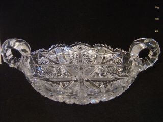 Vintage American Brilliant Cut Glass Divided Dish With Handles And Hobstars
