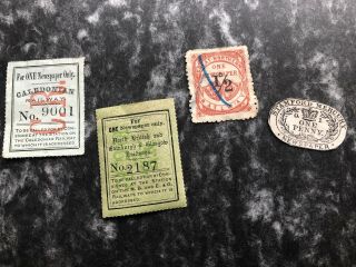 G.  B.  North British,  Gnr & Caledonian Railway Prepaid Newspaper Parcel Stamps X 3