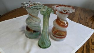 A Set Of 3 Hand Blown Art Glass Vases,  One - Of - A - Kind