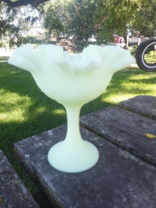 Vintage Fenton Yellow Green Satin Custard Glass Compote 6.  25 Inches Tall