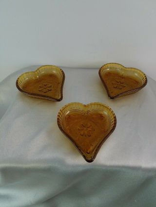 Set Of 3 Vintage Amber Indiana Glass Heart Shaped Trinket Candy Nut Tray Dishes