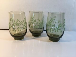 Vintage Drinking Glasses Set Of 3 Green W/raised Green Flowers 1970s?