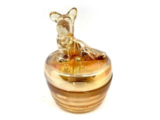 Vintage Jeanette Scottie Dog Marigold Carnival Glass Lidded Powder Jar 6 "