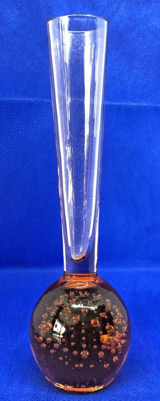 Vintage Hand Blown Controlled Bubble Base 6” Orange Bud Vase Art Glass