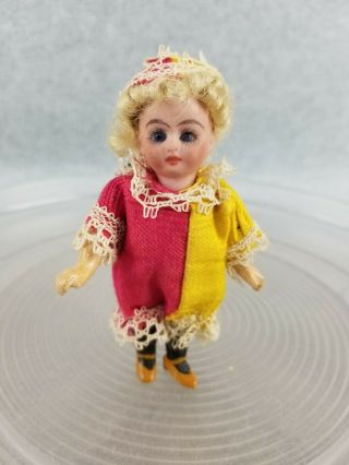 4 " Antique Bisque Head German French Style Miniature Dollhouse Doll W Glass Eyes