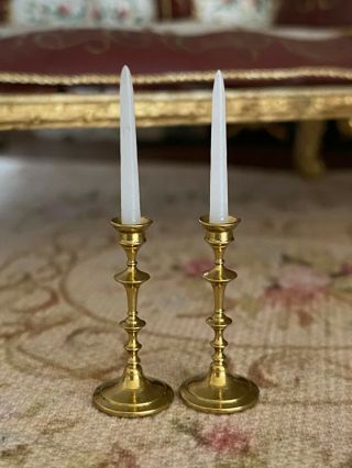 Vintage Miniature Dollhouse 1:12 Handsome Pair Brass Candlestick Holders Elegant