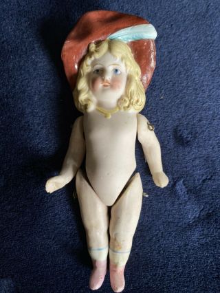 Antique German All Bisque Doll Molded Hat Jointed Dressed 6” Antique Doll