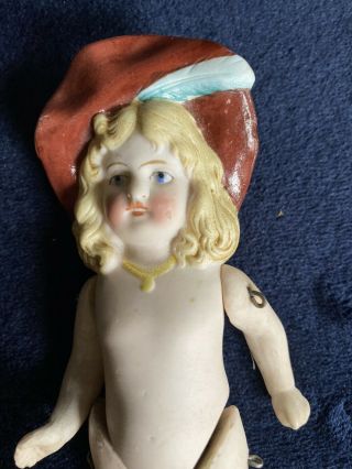 Antique German All Bisque Doll Molded Hat Jointed Dressed 6” Antique Doll 2