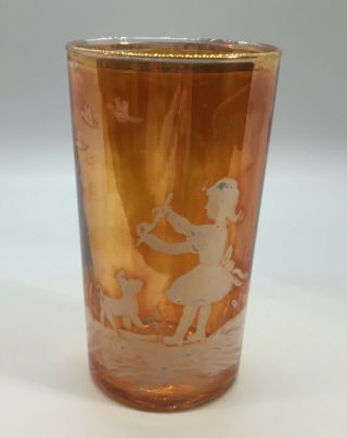 Vintage Mary Gregory Style Marigold Gold Glass 4.  5 " Tumbler Iridescent