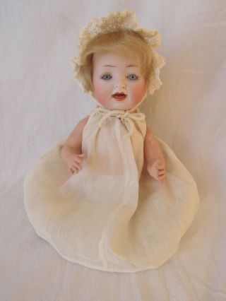 Vintg German Bisque Character Baby Doll - Hertel & Schwab 9 " - Mohair Wig - Old Outfit
