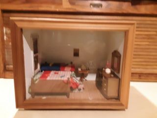 Vintage Doll House Shadowbox - Bedroom - Bed,  Dresser,  Sewing Machine,  Table,  Mirror,