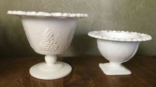 Set Of 2 Vintage White Milk Glass Lace Edge Footed Candy Dish Grape Compote Dish