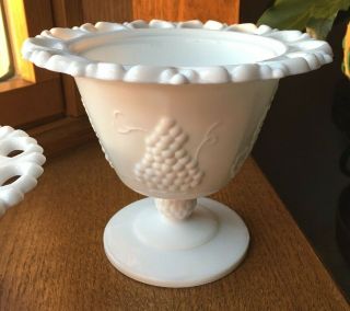 Set of 2 Vintage White Milk Glass Lace Edge Footed Candy Dish Grape Compote Dish 2