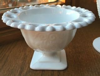 Set of 2 Vintage White Milk Glass Lace Edge Footed Candy Dish Grape Compote Dish 3