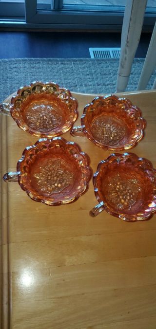 Set Of 2 Carnival Glass Marigold Orange Tea Cups - Grapes Leaves Design