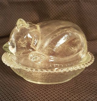 Vin Indiana Glass Sleeping Kitten Cat In Basket Covered Nesting Candy Dish 7x5.  5