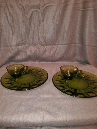 Vintage Anchor Hocking Emerald Glass Snack Set,  4 Plates And Cups