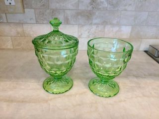Vntg Jeanette Cube/cubist Green Vaseline Glass Candy Dish & Lid & Candy Bottom