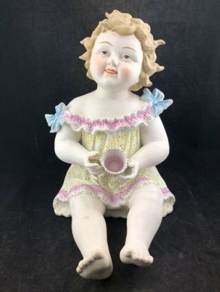 Antique Bisque Large 14 " Porcelain Bisque Piano Baby Holding Cup